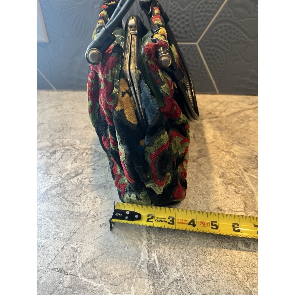 Vintage Floral Chenille Handbag Black Tapestry Carpet Bag Purse Double Handle - Picture 15 of 16